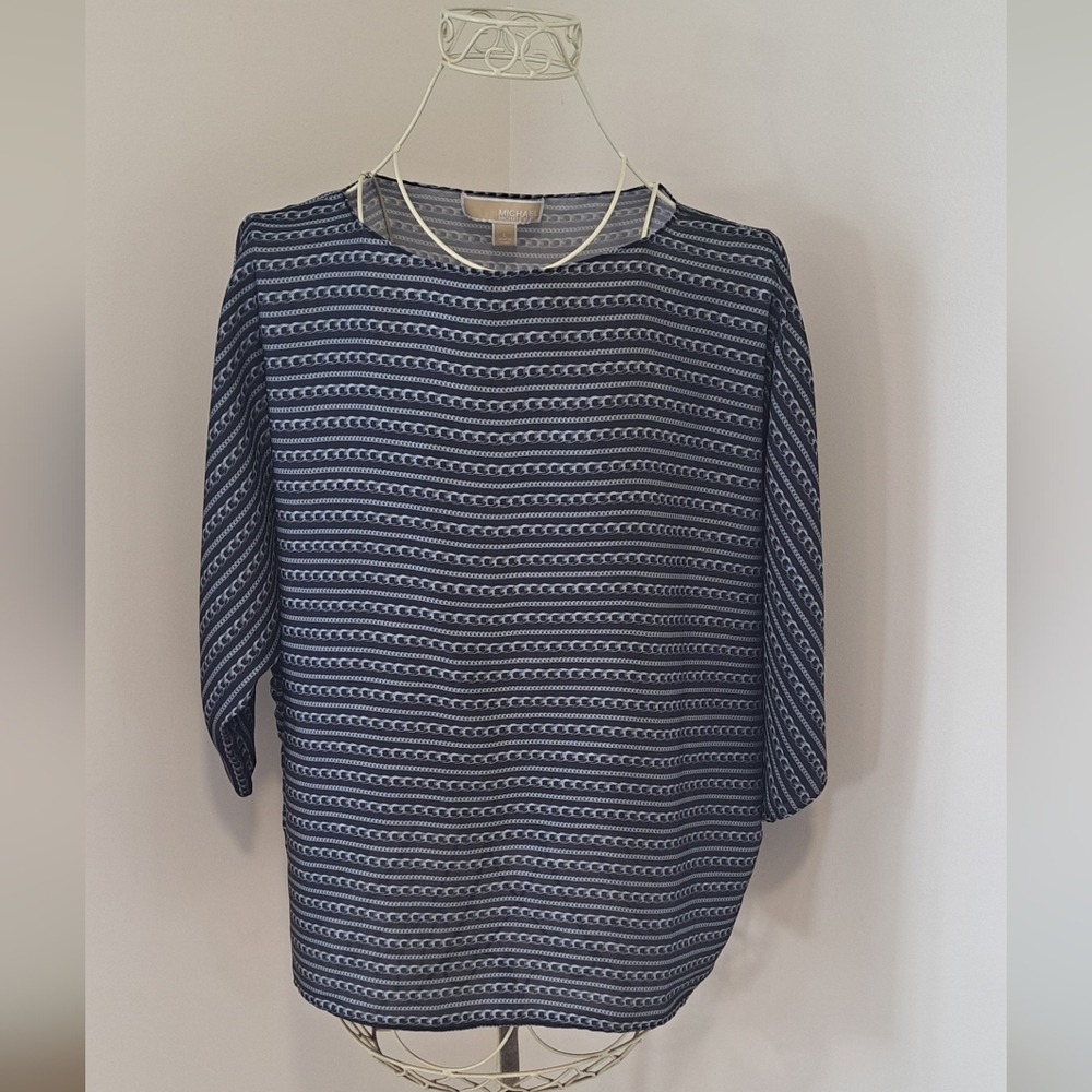 Michael Michael Kors Black And Gray Chain Print Mob Wife Blouse, Size Large.